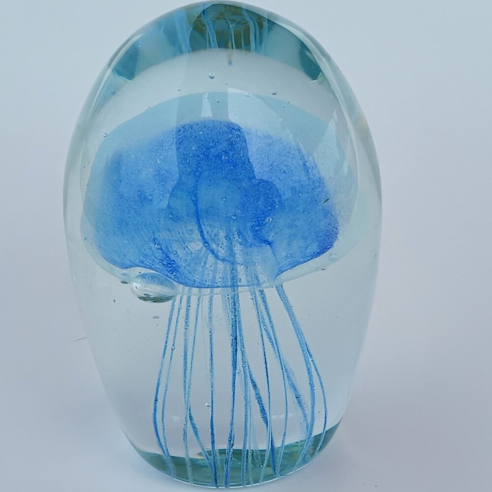 Dynasty Gallery Blue Jellyfish Art Glass Paperweight 3" Tall • Glows • Bubbles